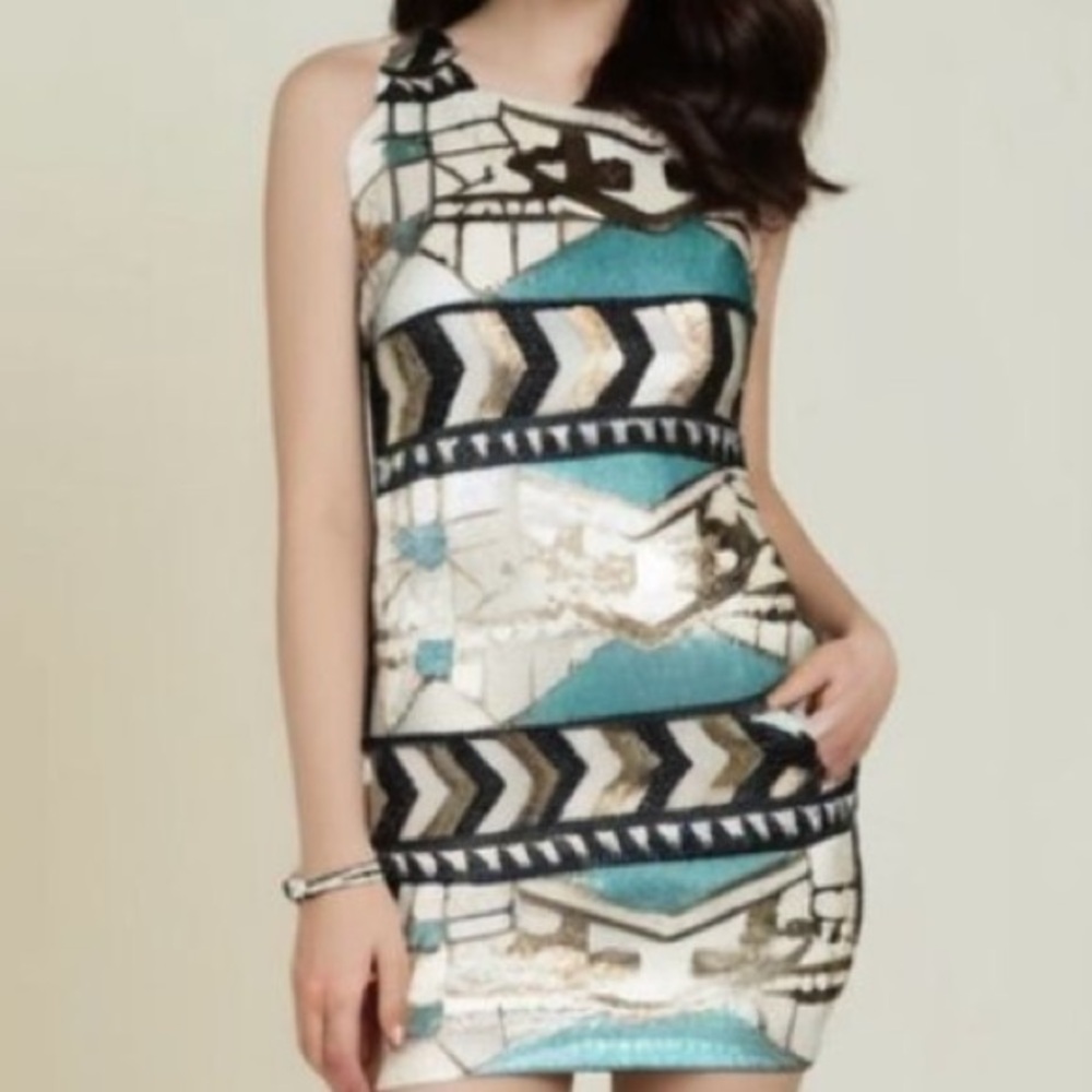 Just Me Aztec print aqua/gold sequin bodycon dress -S